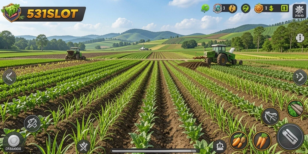 Tampilan gameplay 531SLOT dengan ladang yang subur dan hewan peliharaan.