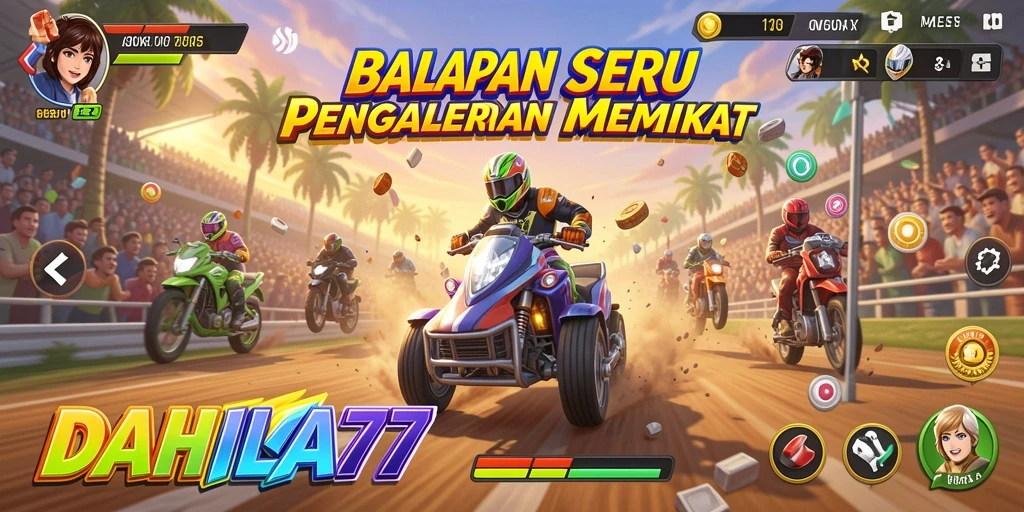 Gameplay DAHLIA77 menampilkan balapan yang intens dan seru.