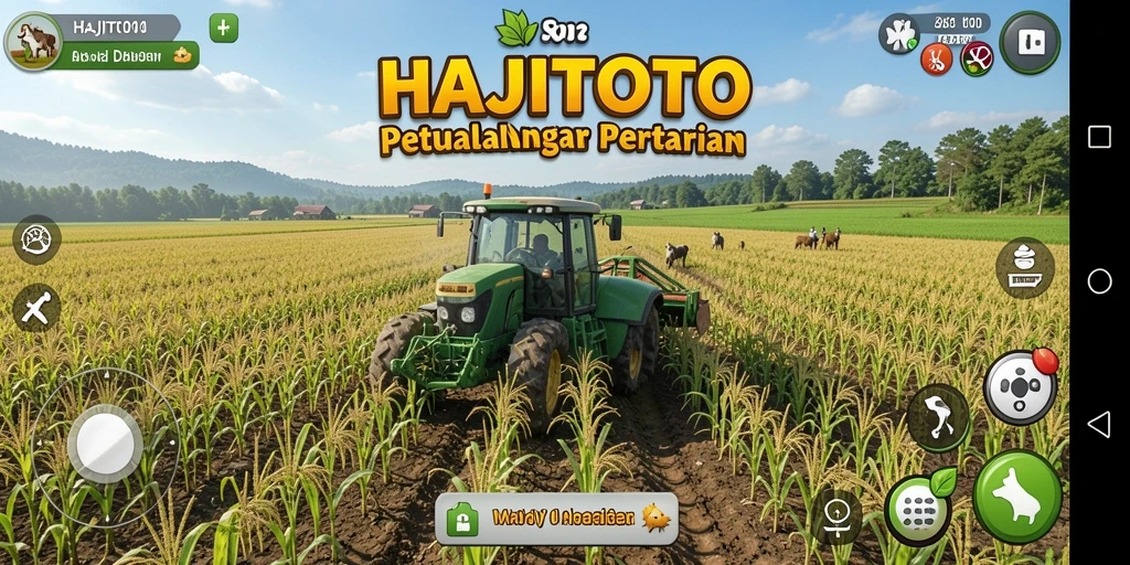Tampilan gameplay HAJITOTO yang menampilkan aktivitas bertani dan mengelola kebun.