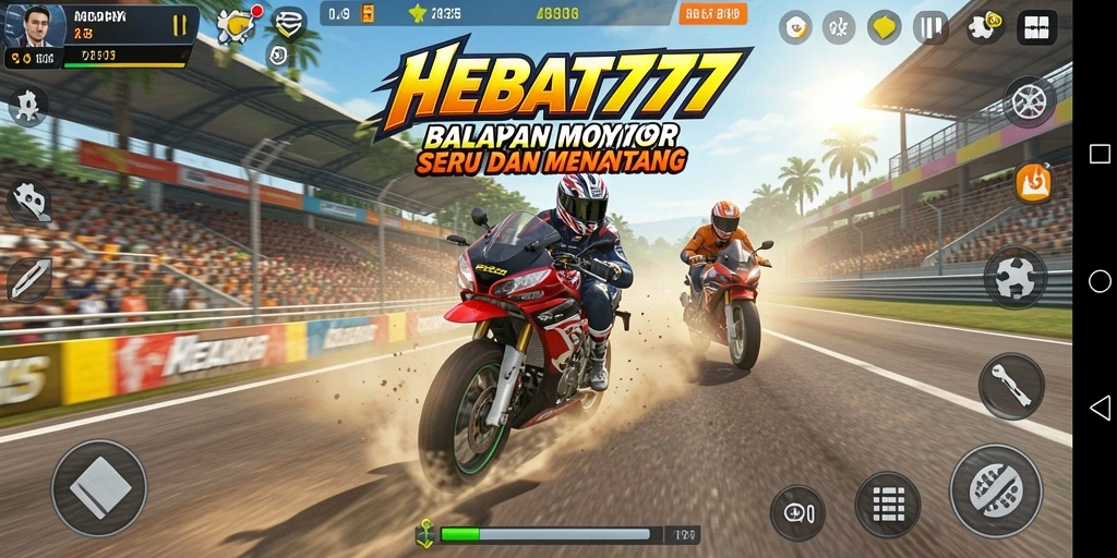 Screenshot HEBAT777 menampilkan aksi balapan motor yang mendebarkan.