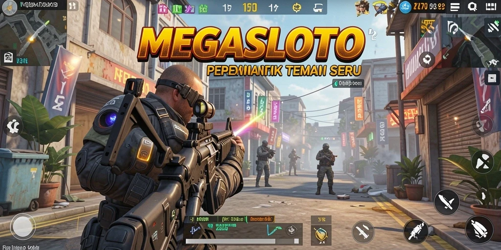 Screenshot gameplay utama MEGASLOTO dengan aksi FPS yang menegangkan.