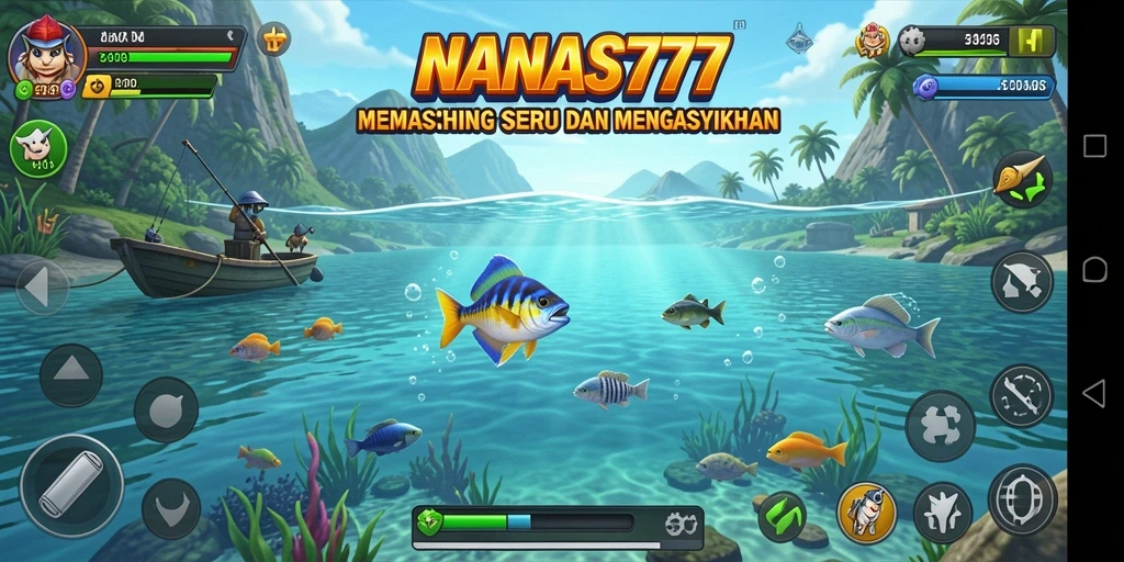 Screenshot utama NANAS777 menunjukkan aksi seru saat memancing ikan besar.