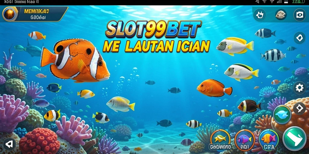 Screenshot SLOT99BET menunjukkan pemain menangkap ikan di laut yang indah.