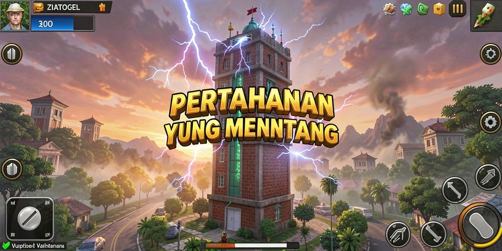 Tampilan permainan ZIATOGEL dengan menara pertahanan yang strategis.